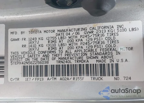 2006 Toyota Tacoma из США, поврежденный, VIN 5TEPX42N56Z256038